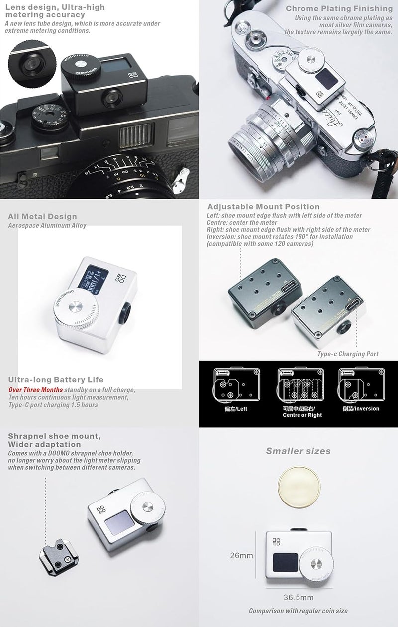 DOOMO MADE OLED Light Meter, Meter S, New Screen Design, Real-time Metering and One-Button Metering for Vintage Cameras (Chrome) - Image 5